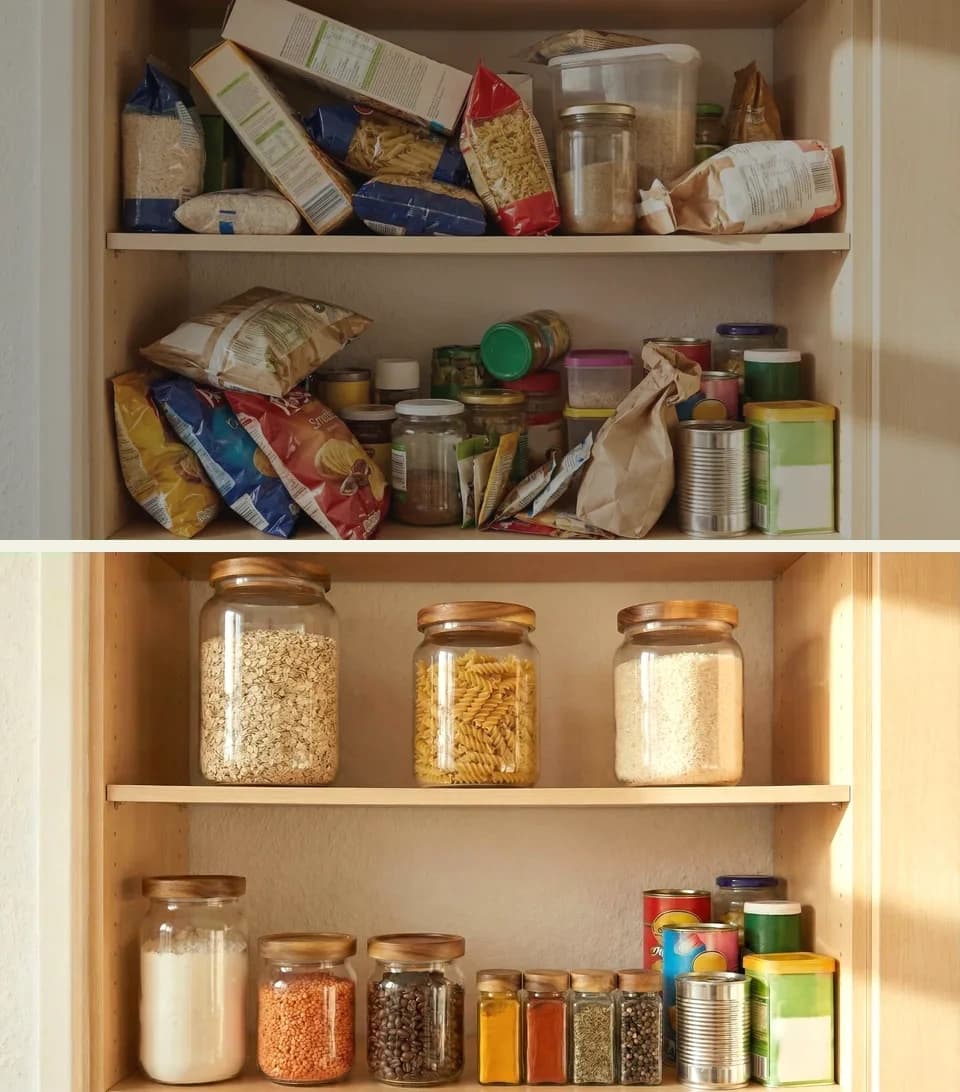 Before and after pantry organization